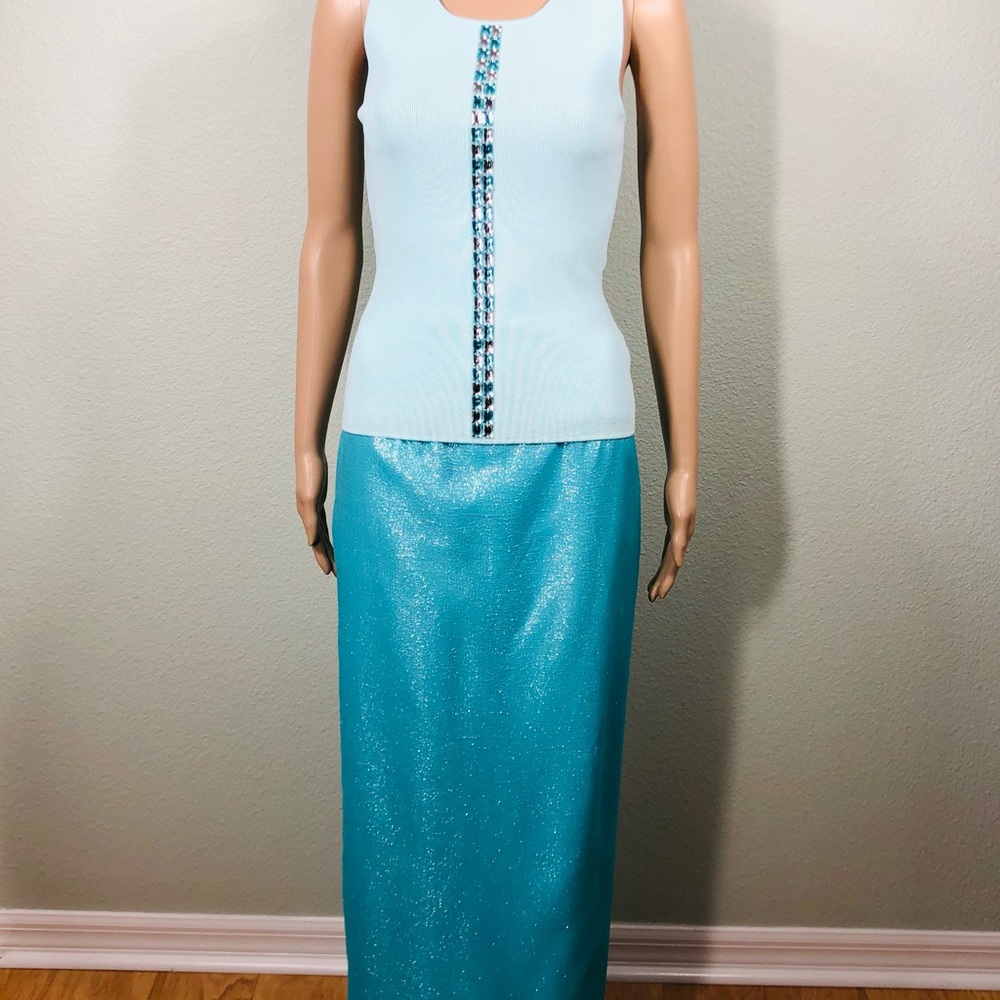 Light blue sleeveless knit top with aqua blue and clear crystals - Picture 10 of 15